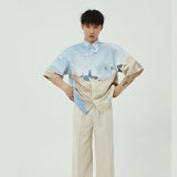 Men Vintage Print Streetwear Hip Hop Loose Casual Short Sleeve Shirts Male Summer Beach Shirt
